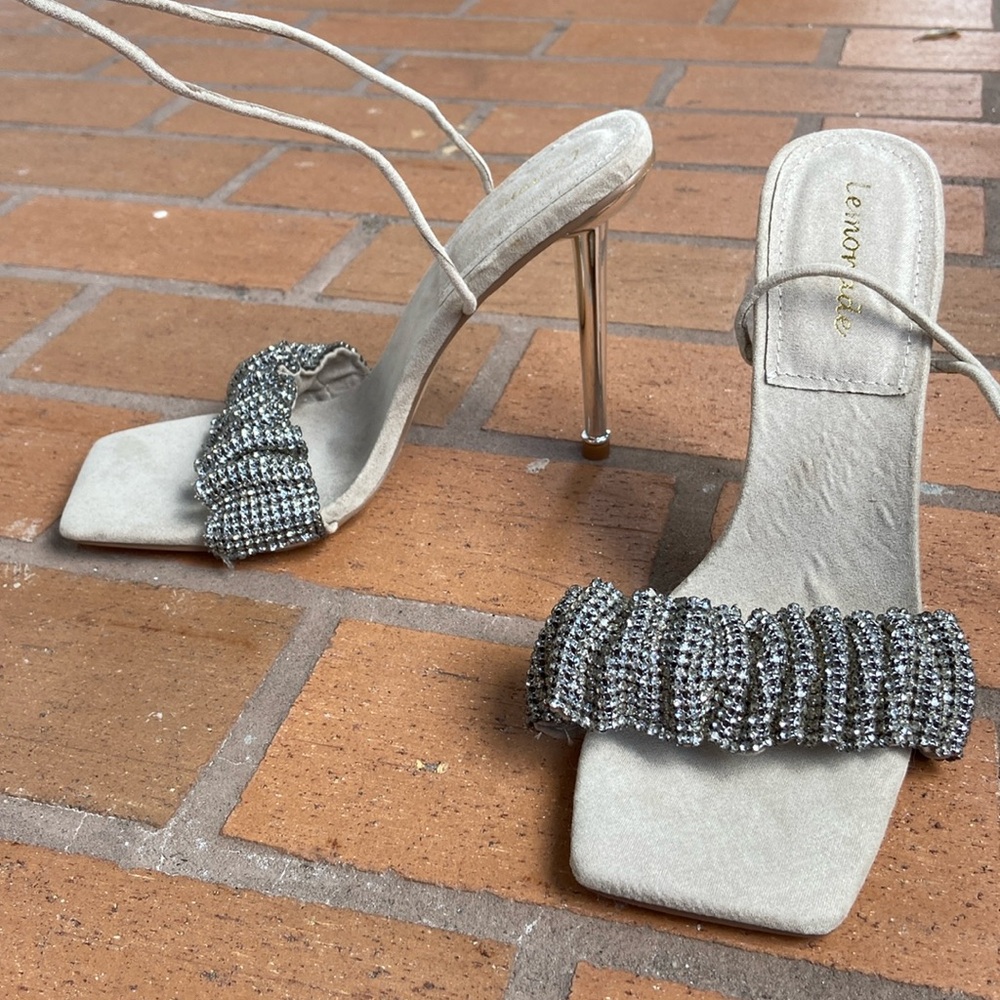 Lemonade -Size 8 High Heel 5” Silver Mirror rhinestones open  toe strap ankle